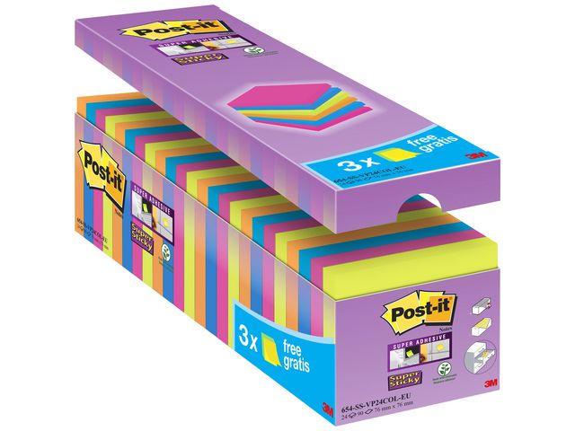 Notitieblok Super Sticky 76x76 neon/pk24