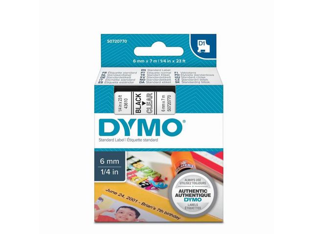 Tape Dymo 43610 6mm zwart/transparant