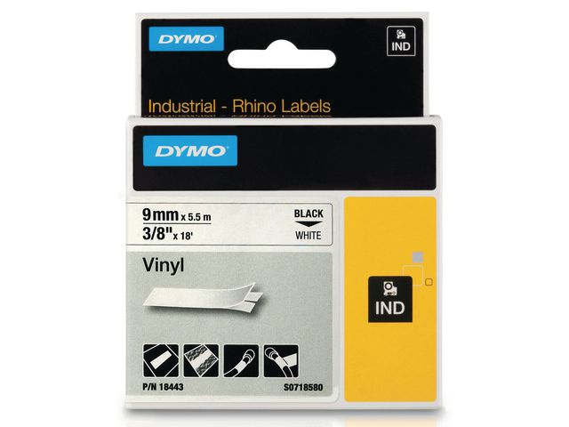 Tape Dymo Rhino 18443 9mm vinyl zwart/wt