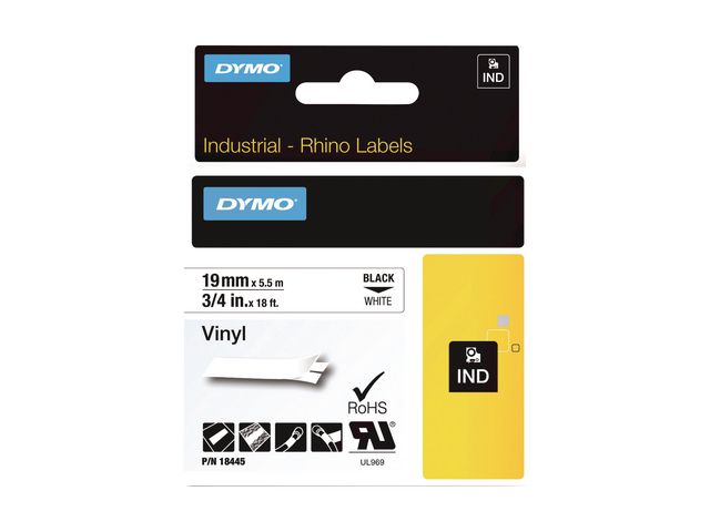 Tape Dymo Rhino 18445 vinyl 19mm zw/wit